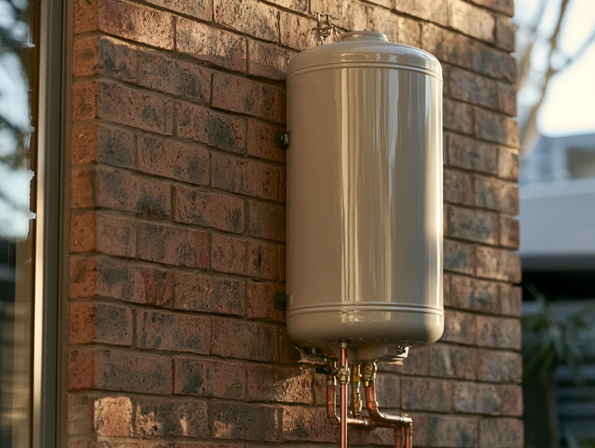 Exterior-mounted geyser on a face-brick wall