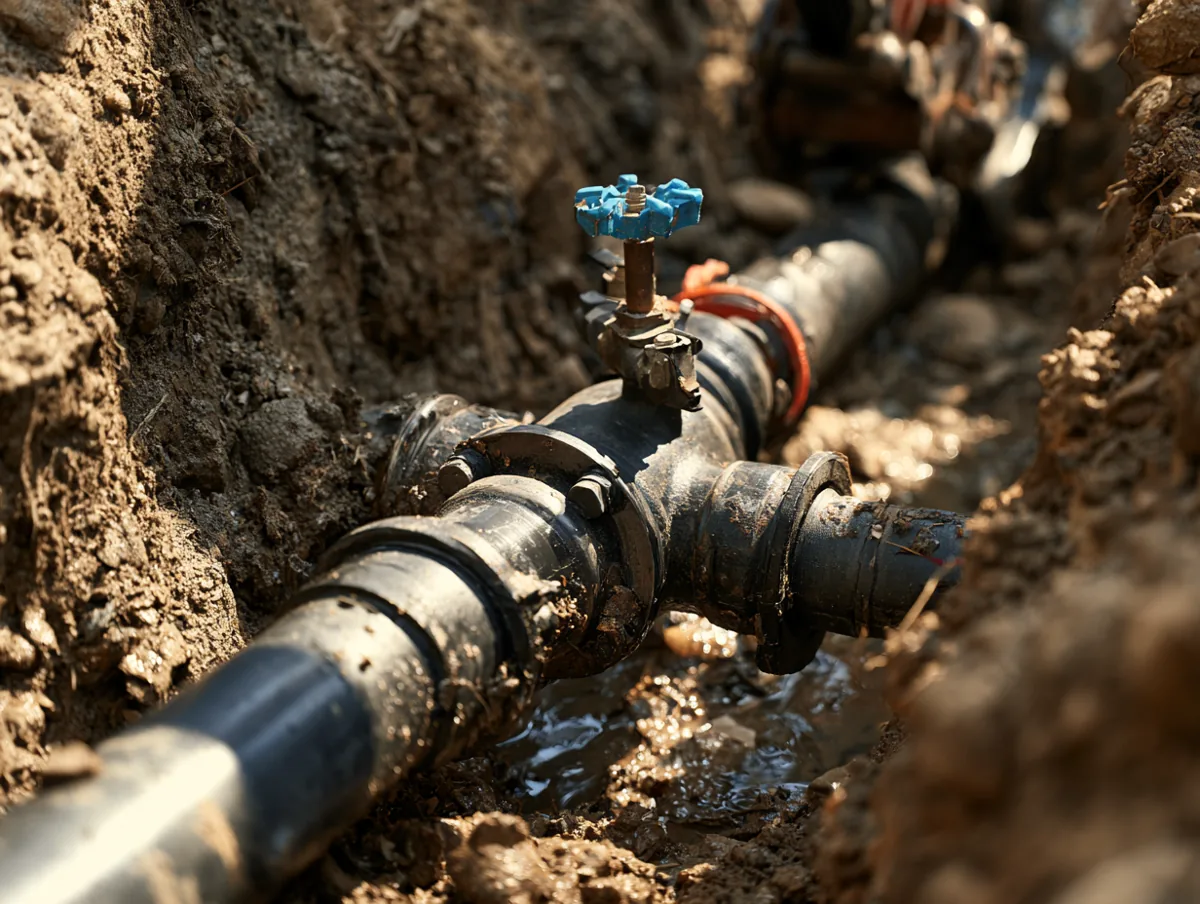 New water main connection point in an open trench